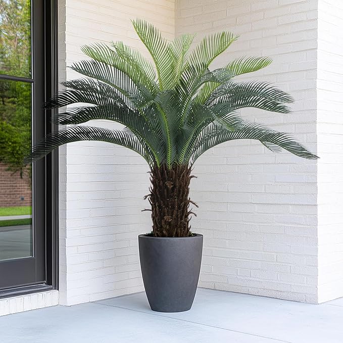 Bellacat 4ft UV Resistant Faux Sago Palm Tree with Natural & Lifelike Bark, 48in Super Full Artificial Cycad Tree with Realistic Leaves, for Home Office Patio Porch Front Door Decor.