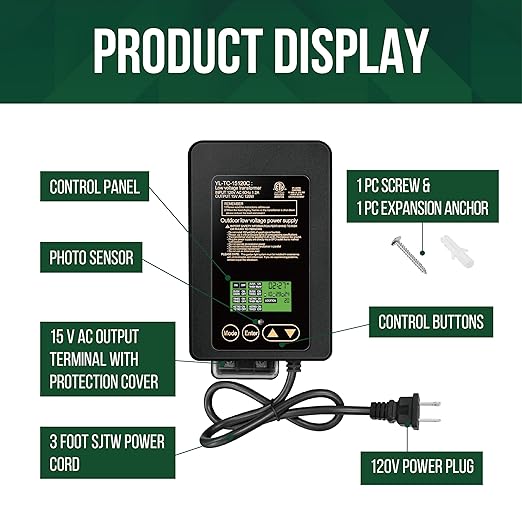 GKOLED 120W Low Voltage Landscape Transformer, Integrated Astronomic Timer and Photocell Sensor, 120V AC to 15V AC for Outdoor LED Landscape Lighting, Weatherproof, ETL Listed