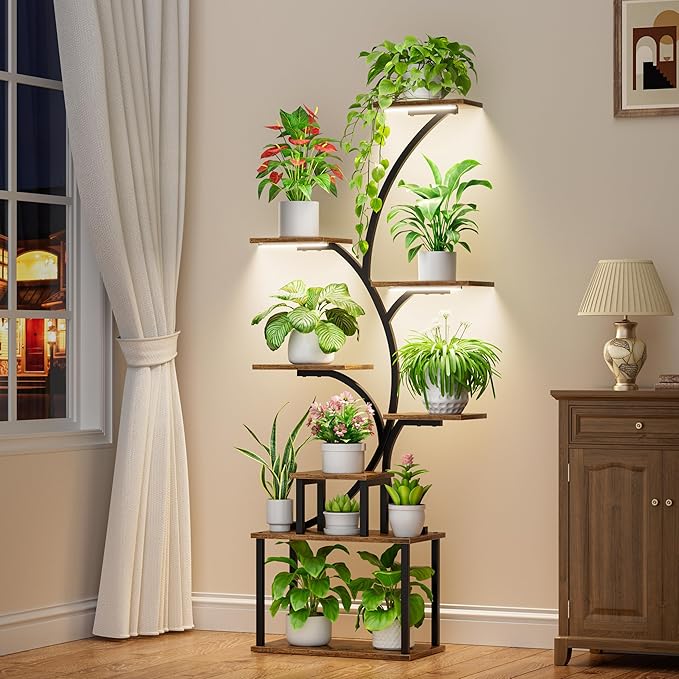 POZILAN Plant Stand Indoor with Grow Light, 8-Tiered Tall Plant Stands for Indoor Plants Multiple, Metal Plant Shelf Display Rack Holder, Flower Stand for Indoor Plants, Living Room, Garden, Patio