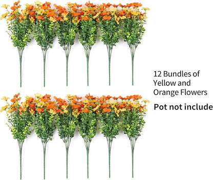 Artificial Fake Plants Flowers for Outdoor Spring Summer Decor,12 Bundles Faux Silk Daisy for Planter Pot Colorful UV Resistant Look Real for Front Door Porch Patio Outside Yard(Yellow Orange)
