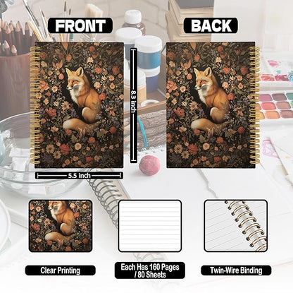 Fox Floral Spiral Notebook, Retro Black Cottagecore Floral Journaling Notebooks for Note Taking, Vintage Flower Aesthetic Hardcover Journals for Women 160 Pages 5.5x8.3 Inch, Fox Gifts for Women