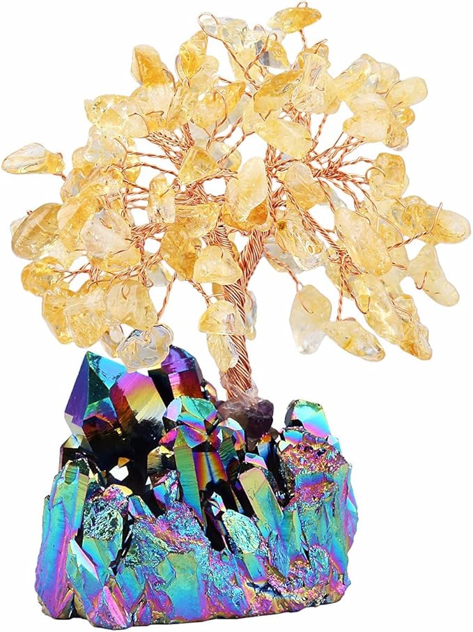 mookaitedecor Citrine Crystal Tree, Quartz Cluster Rainbow Titanium Crystals Base Bonsai Money Tree for Wealth and Luck