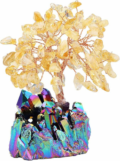 mookaitedecor Citrine Crystal Tree, Quartz Cluster Rainbow Titanium Crystals Base Bonsai Money Tree for Wealth and Luck