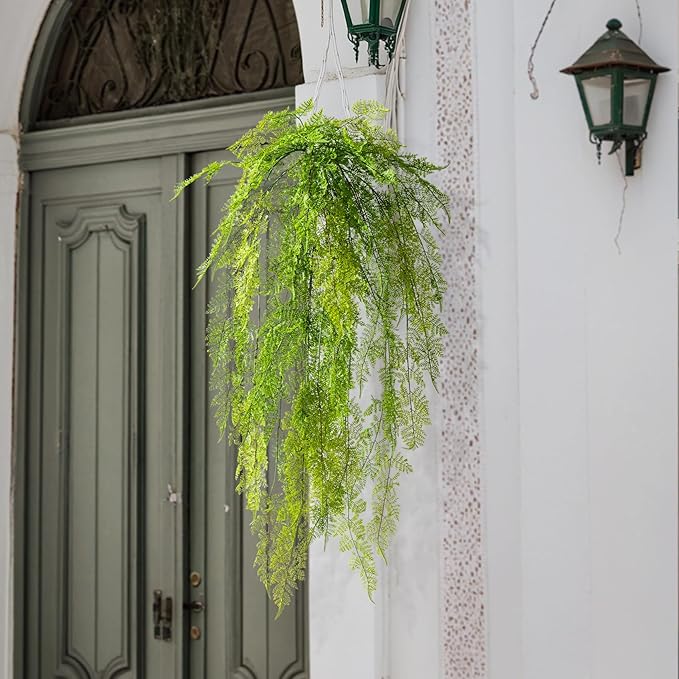 Faux Haning 2PCS 49IN Fake Fern Wall UV Resistant Artificial Fake Ivy Faux Greenery Plants for Patio Porch Plastic Plants for Indoor Outdoor