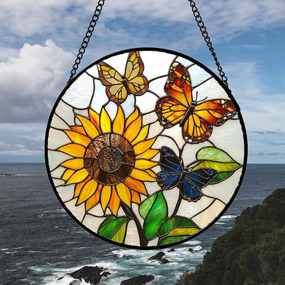 Stained Glass Window Hanging, Butterfly and Sunflowers Sun Catchers Glass Panel Plant Insects Suncatcher Decor for Birthday for Women, Men, Wife, Aunt, and Mom 14.9x14.9 in