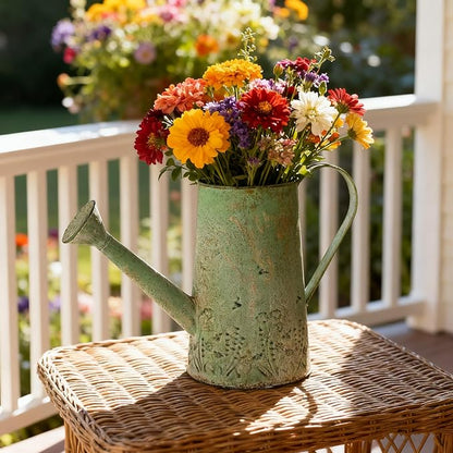 Vintage Metal Watering Can with Floral Embossed Design Garden Distressed Green Decorative Watering Pot Planter Farmhouse Waterer for Home Indoor Outdoor Garden Balcony Courtyard (Green#2)