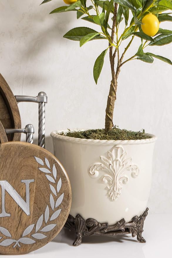Cream Stoneware Planter on Metal Acanthus Leaf Base.