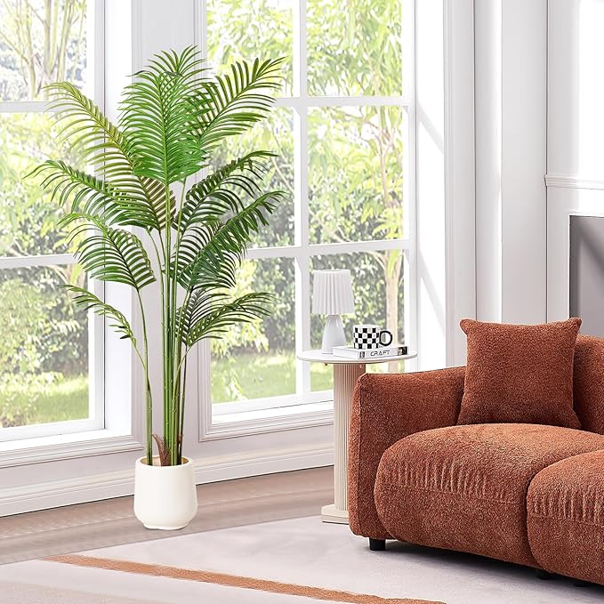 Artificial Palm Tree 5.5FT Tall Fake Tree Nearly Natural Large Tropical Faux Plant Faux Areca Palm Tree with Real Bark Design Artificial Silk Plant for Outdoor Home Office Living Room Decor