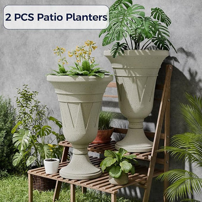FONTOI 23" Tall Plastic Urn Planter (2-Pack) – Planters for Outdoor Plants with Drainage Holes & Trophy Design, Heavy-Duty Classic Indoor Large Flower Pots for Home Garden, Front Porch & Decor, White
