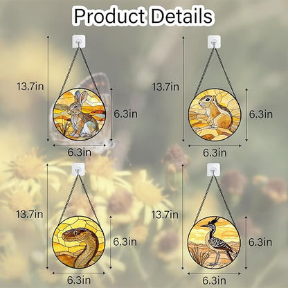 Stained Glass Window Hanging 4 Pcs Set Animals 6.3" - Desert Landscape Yellow Suncatcher Door Garden Sun Catcher Decor Birthday Christmas for Mom Woman Nana Men