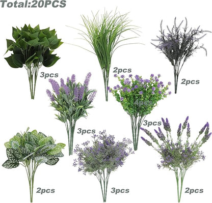 Green Moon 20 Bundles Artificial Lavender Plants Outdoor Fake Outdoor Plants UV Resistant for Home Planter Garden Patio Yard Decor