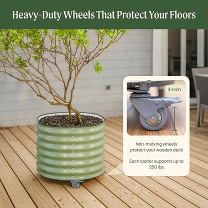 Rolling Metal Citrus Tree Planter Pot, 24″ Round Planter Box for Porch Patio & Backyard, 30 Gallon Large Planter Pot with Wheels for Growing Trees Tomatoes Vegetables and Flowers, Pearl White
