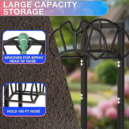 New Garden Hose Holder, Super Stable Water Hose Holders Stand Holds 160-Feet Hose, Detachable Freestanding Hose Storage Hanger Rack for Outside Yard Lawn Farm, Black