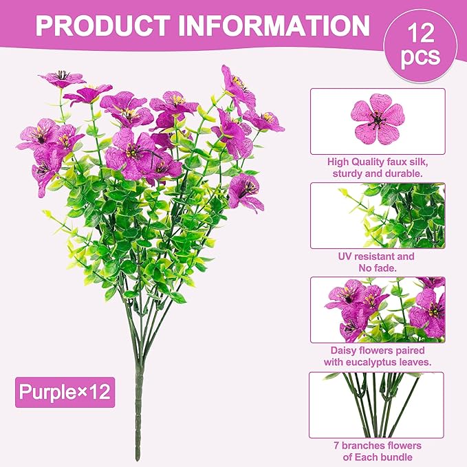 FGSAEOR 12 Bundles Artificial Flowers for Outdoor Indoor, Faux Flower Purple Daisy with Eucalyptus Leaves Fake Plants Greenery, Garden Home Decor for Boxwood Porch Patio