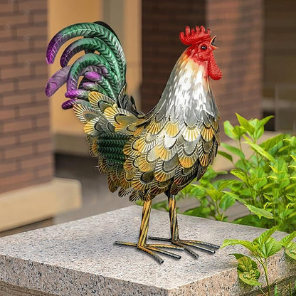 Metal Rooster Statues, Garden Chicken Decorations, Outdoor Chicken Sculptures, Metal Yard Rooster Artwork for Yard Farm Patio Lawn Porch Kitchen Decoration (Gold)
