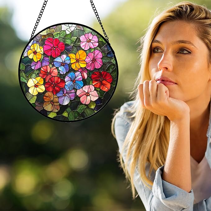 Stained Glass Window Hanging Colorful Flower Wildflowers 7.8" - Suncatcher Door Garden Sun Catcher Home Decor Birthday Christmas for Mom Lover Woman Nana Friend Wife