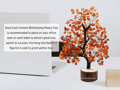 Amazing Gemstone Carnelian Natural Healing Crystal Bonsai Feng Shui Fortune Money Tree of Life for Home Office Decor, 10-12 Inch
