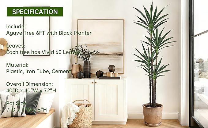 Artificial Agave Tree 6FT with 60 Leaves & 4 Trunks & Elegant Black Pot Realistic Tall Large Fake Faux Modern Tree 72 Inch for Indoor Home Office Porch Store Corner Decor Housewarming Gift