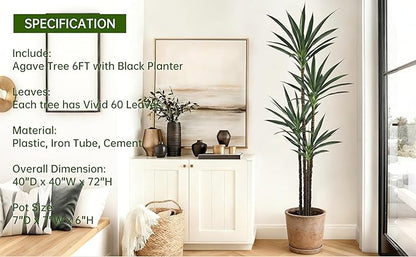 Artificial Agave Tree 6FT with 60 Leaves & 4 Trunks & Elegant Black Pot Realistic Tall Large Fake Faux Modern Tree 72 Inch for Indoor Home Office Porch Store Corner Decor Housewarming Gift