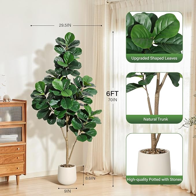 6 ft Fiddle Leaf Fig Tree Artificial with 108 Leaves - Realistic Faux Ficus Lyrata Trees in 9 in White Planter Pot, Indoor Fake Floor Plants for Home Office Living Room Decor, Housewarming Gift