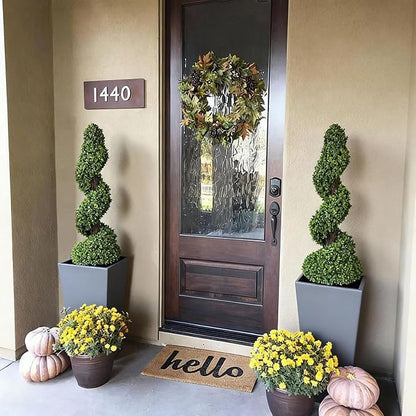 Artificial Boxwood Topiary Trees for Outdoor Front Door, Porch, Garden - 3 ft Tall Spiral Faux Shrubs Plants with Ceramic Planters, Fake Tree Potted for Indoor Home Office Decor, Set of 2