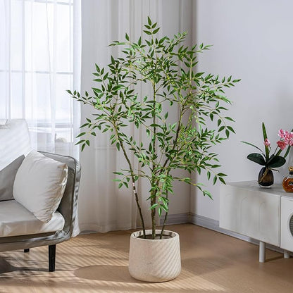 4.6ft Faux Bamboo Tree Artificial Nandina Tree Artificial Indoor Plants Realistic Fake Potted Tree with 800+ Leaves, Cement Planter - Home Office Decor Perfect for Housewarming Gift Non-Toxic
