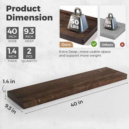 RICHFOCUS Elm Floating Shelves for Wall - 40" W x 9.3" D Rustic Solid Wood Shelves with Invisible Bracket, Wall-Mounted for Living Room, Bedroom, Kitchen Storage & Display, Set of 2, Walnut