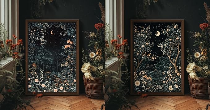 2Psc Vintage Dark Moon Botanical Framed Canvas Wall Art Dark Flower Painting Picture Wall Decor William Morris Night Fores Poster Print Artwork for Bedroom Living Home Decoration16x24 Inch