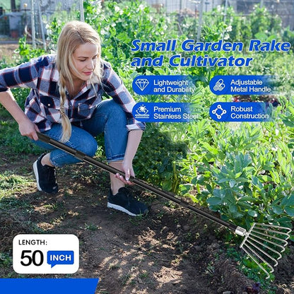 Rake for Leaves Small, Metal Leaf Rakes for Gardening Thatching Weeding Tilling Soil Planting, Hand rake Garden Tool for Cleaning Debris, Weed, Grass in Lawn, Yard, Flower Beds, Landscape