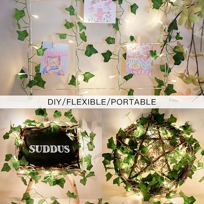 suddus Vine with Fairy Lights Plug in, 33ft 100 LED Ivy String Lights Connectable with Remote, Leaf Light for Bedroom, Room, Wall, Garden, Party, Wedding Dorm Decor (Warm White)
