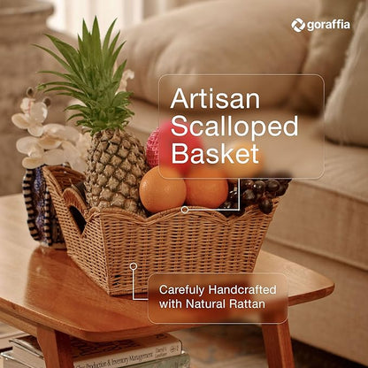 Scalloped Wicker Basket with Handles – 11.5"x11.5"x6" Handwoven Rattan Decorative Storage Bin for Bedroom, Bathroom & Home Use (Honey)