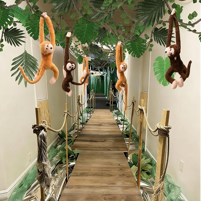 Bucherry Jungle Theme Party Decorations Forest Party Supplies Tropical Rainforest Leaves with Fake Vines Artificial Rattan Monkey Stuffed Animal for Indoor Outdoor Forest Jungle Themed Birthdays Decor