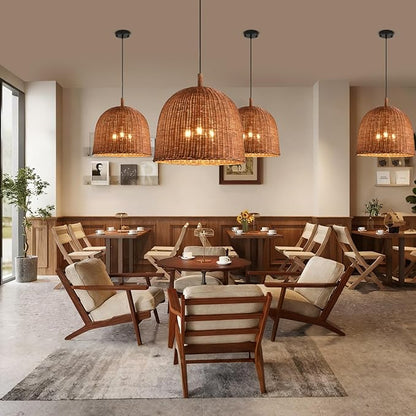17" Rattan Pendant Light Fixtures, 3-Lights Boho Chandelier Hand Woven Pendant Light Farmhouse Hanging Light for Living Room Kitchen Island Dining Room Hallway