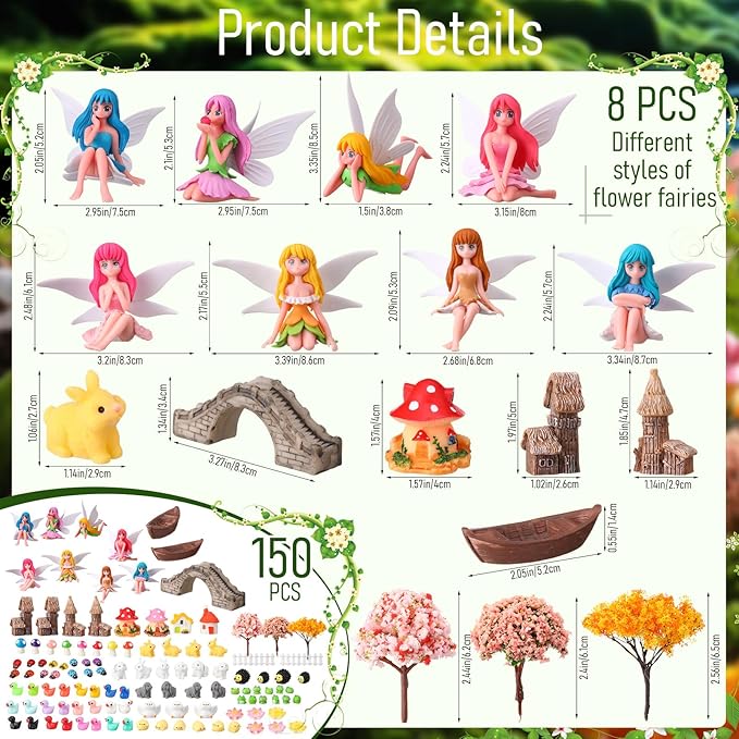 150 Pcs Fairy Garden Accessories Miniatures Figures Kit Micro Landscape Resin Mushroom Animals Fake Pond Lawn Bridge Garden Decoration