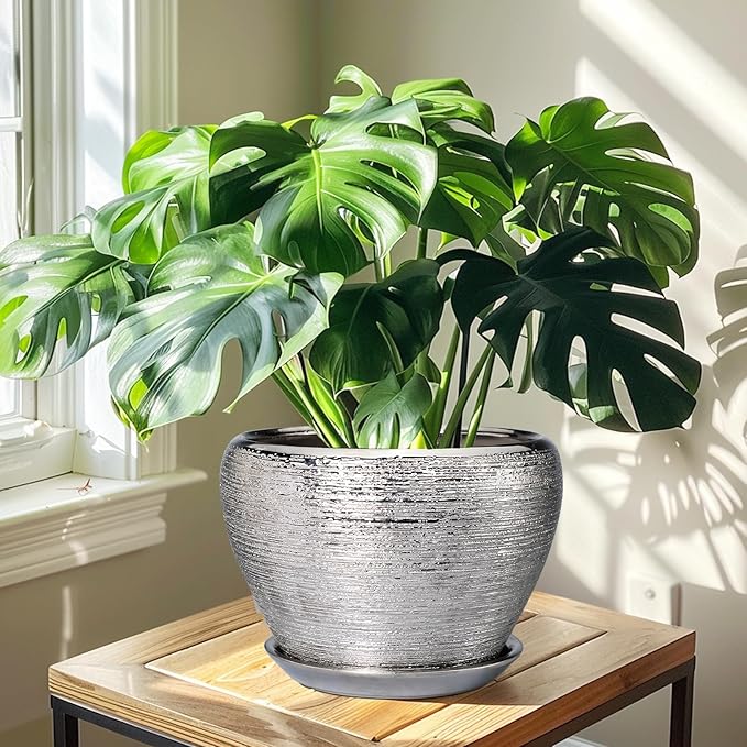 Flower Pot - 10 Inch Planter with Drainage Hole and Saucer - Indoor/Outdoor Decorative Mid-Century Planter - Silver