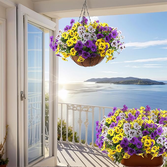 18 Bundles Artificial Flowers for Outdoor, UV Resistant Fake Pansy Flowers, Silk Faux Fowers for Outdoor Planters Home Garden Office Patio Front (Yellow/Purple/White)