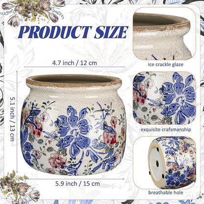 Vintage Planter Large Ceramic Plants Pot Blue Red Peony Ice Crack Cottage Scroll Vase Flower Vase Pot Indoor Plants Home Kitchen Decor Farmhouse Antique Decorative Gifts