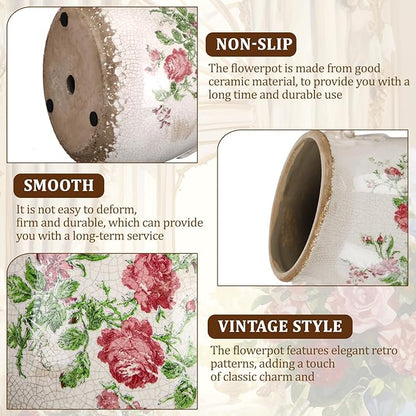 Ceramic Scroll Planter 6.5 Inch Chinoiserie Floral Vase with Drainage Holes Vintage Flower Vase Flower Pot Rustic Ceramic Pots for Indoor Plants Garden Home Bookshelf Decor (Pink Green)