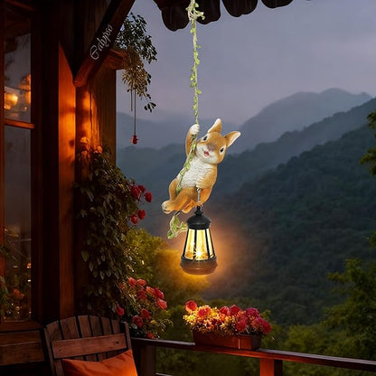 Solar Hanging Bunny Rabbit Statue, Outdoor Resin Animal Figurine with LED Lights for Garden, Fence, Porch, Patio, Yard Decor, Dusk to Dawn Auto On/Off