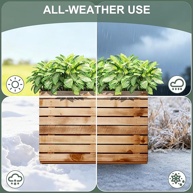 Metal Rectangular Outdoor Planter Box with Drainage Holes, Tall & Large Black Planters for Outdoor Plants, Flowers, Trees (30" L x 12" W x 24" H, Walnut Wood Grain)