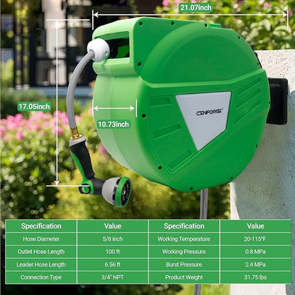 Retractable Garden Hose Reel, 5/8 in x 100 ft, Wall Mount Hose Reel, with 180° Swivel Bracket, Automatic Slow Return System, Any Length Lock for Outside