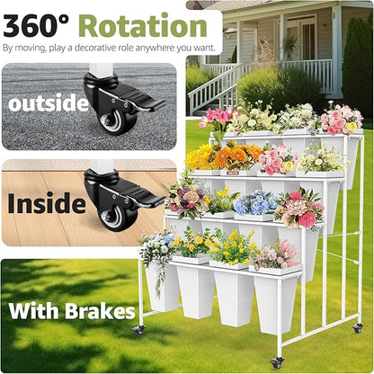 4 Layers Flower Display Stand with Buckets, 16 PCS Buckets Plant Stand with Wheels, Movable Metal Plant Stand for Terrace Garden, Living Room, Florist Shop