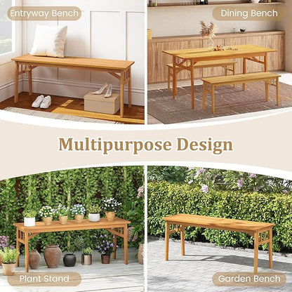 Tangkula Outdoor Acacia Wood Bench, 48” Patio Dining Bench with Slatted Seat, Backless Wooden Entryway Bench, Farmhouse Indoor Outdoor Furniture for Garden, Poolside, Park & Deck