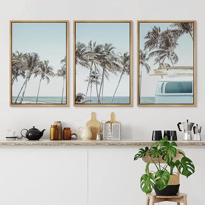 Ashbrook Framed Canvas Print Wall Art Set Retro Road Trip Palm Tree Beach Vacation Nature Wilderness Photography Realism Decorative Nautical Calm/Relax/Cozy for Bedroom - 24"x36"x3 NATURAL