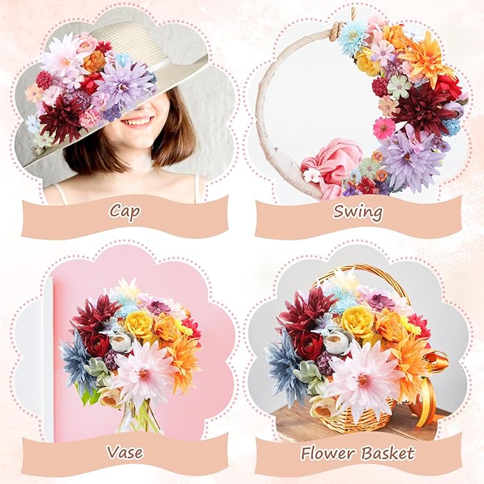 80 Pcs Assorted Fake Flower Heads Mini Artificial Flower Heads Bulk Silk Faux Daisy for Crafts Fake Peony Rose for Wedding Party Wreath Home Decoration(Assorted Color)
