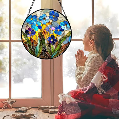 Stained Glass Window Hanging - Blue Wildflower Plant Flowers Sun Catcher for Door Garden Home Decor Suncatcher Christmas Mother's Day Birthday Gifts for Women Men Mom Nana 11.8 in