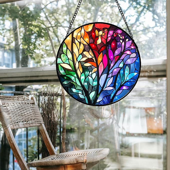 Stained Glass Window Hanging Colorful Dreamy Plant Branches Leaves 6.3" - Suncatcher Door Garden Sun Catcher Home Decor Birthday Christmas for Mom Men Woman Nana