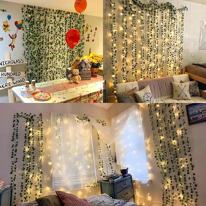 BLEUM CADE 30 Strands 210Ft Fake Vines for Bedroom with 98.4Ft String Lights, Cute Artificial Hanging Ivy Vines with Fake Leaves, Fake Plants for Christmas Party Garden Wall Room Decor