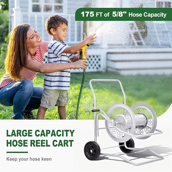 Outvita Hose Reel Cart, Hold up to 200 Ft of 5/8'', Garden Water Hose Reel Carts Mobile Tools with 2 Wheels, Heavy Duty Powder-coated with Storage Basket, for Garden, Yard, Lawn(Silver)