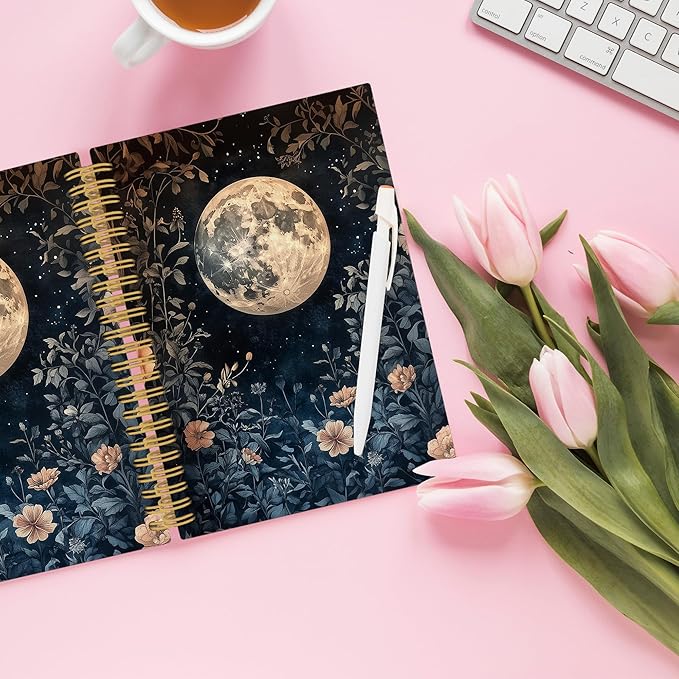 XPH Vintage Floral Moon Spiral Notebook, Dark Cottagecore Botanical Flower Journaling Notebooks for Women, Floral Aesthetic Hardcover Journals for Writing 160 Pages 5.5 x 8.3 Inch, Moon Gifts